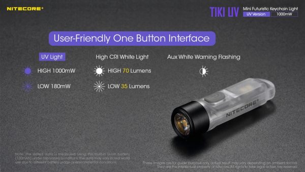Nitecore TIKI UV, Lanternă Breloc UV, Reîncărcabilă USB, 1000 mW, 365 nm, 70 Lumeni, 12 Metri